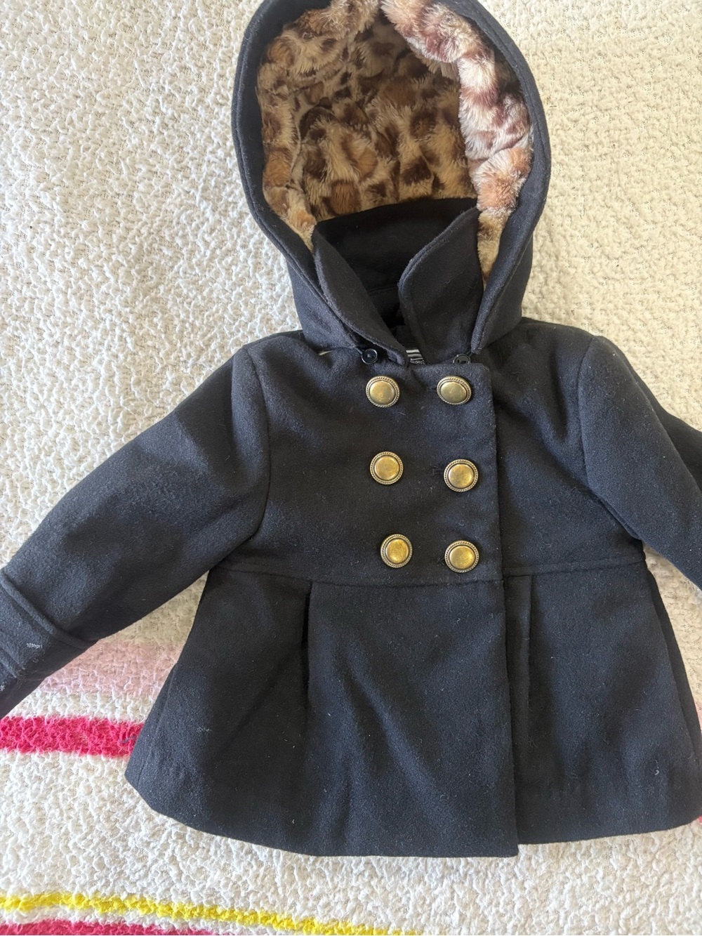 Rothschild Black Double-Breasted Pea Coat with Faux-Fur Hood Lining